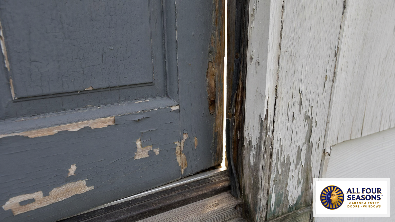 Old worn front door with peeling paint and air gaps showing signs of needed replacement