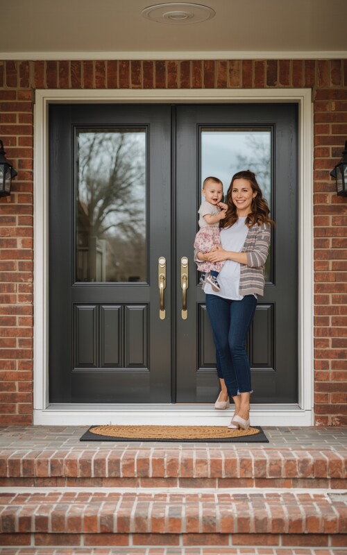 Woman Standing in Front of Black Front Door With Brick home