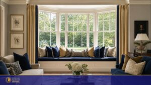 Beautiful bay window with cozy window seat in living room