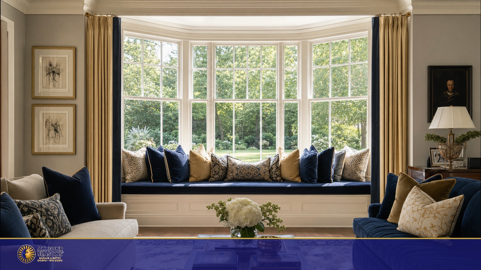 Beautiful bay window with cozy window seat in living room