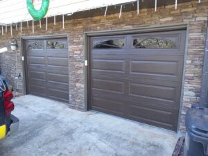 Brown garage door with windows