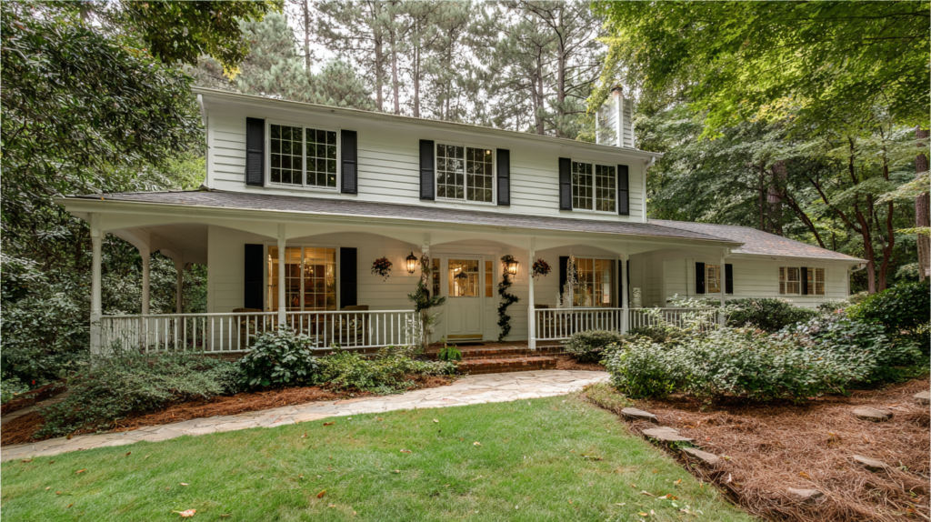 Spacious two-story home with wraparound porch surrounded by lush green landscaping in Marietta, GA