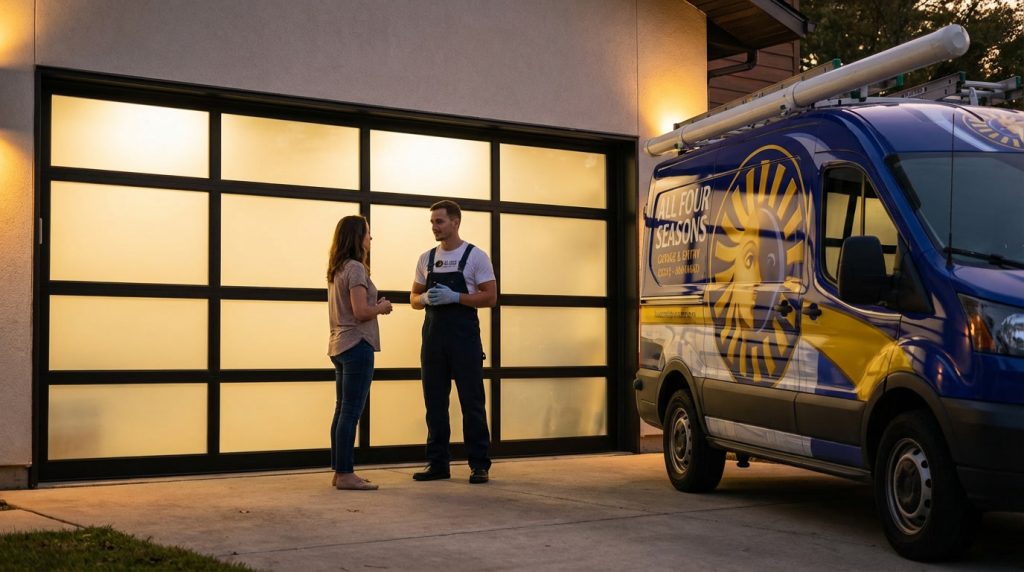 Technician discussing garage door repair with homeowner beside service van at dusk in Alpharetta, GA.