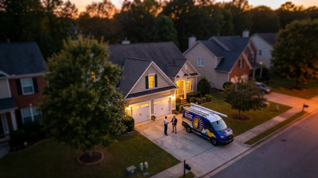 Nighttime aerial view of suburban Alpharetta home with delivery van parked in driveway near garage door