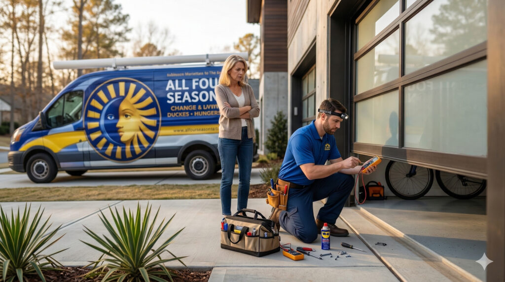 Professional technician repairing a garage door with service van parked in the background.
