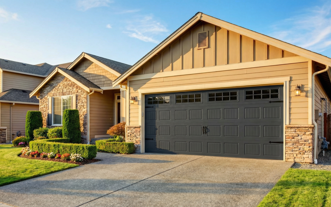 Modern carriage house style garage door on a beautiful suburban home - All 4 Seasons Garage Doors