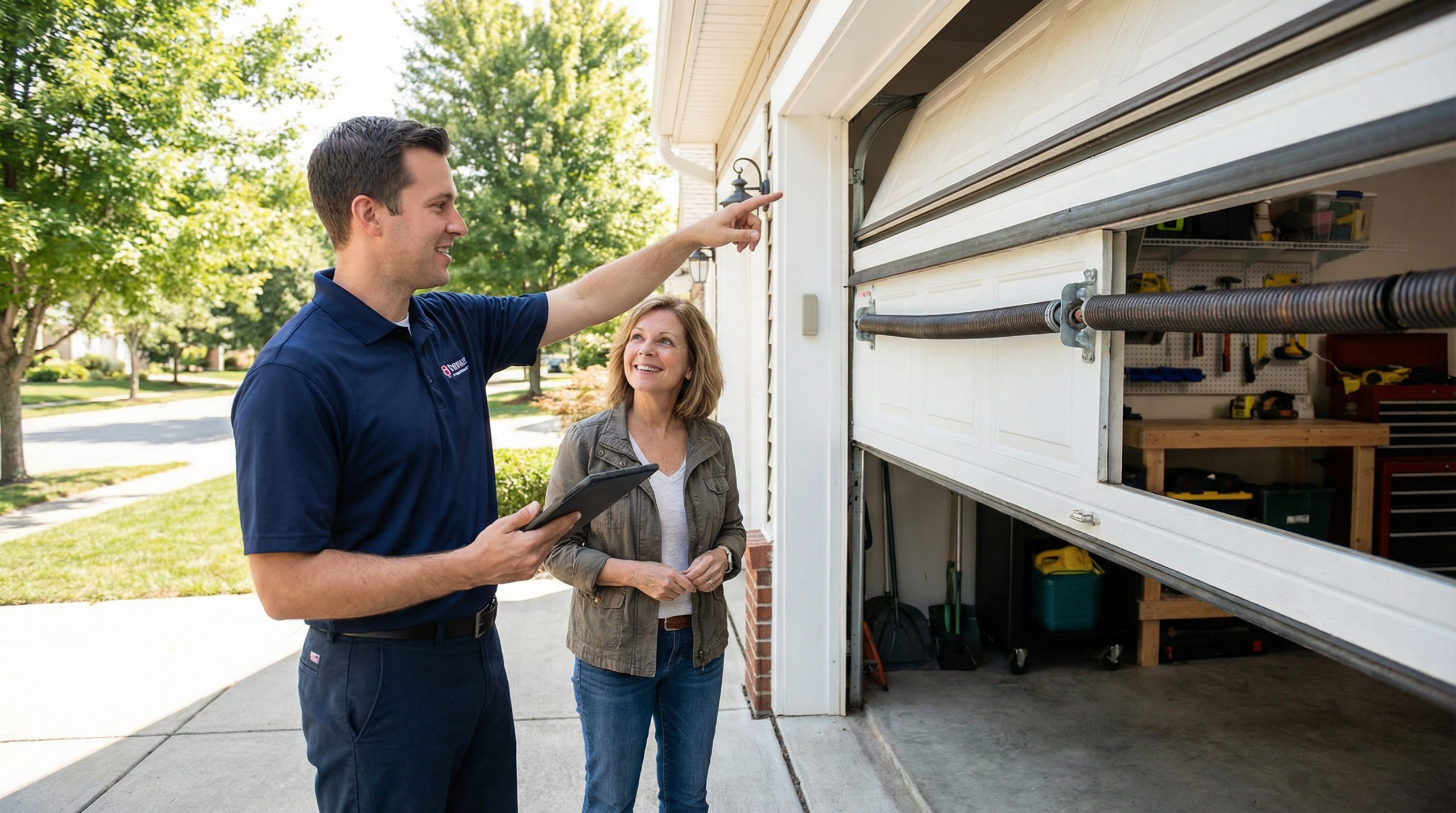 Garage door technician consulting with homeowner about garage door upgrade options