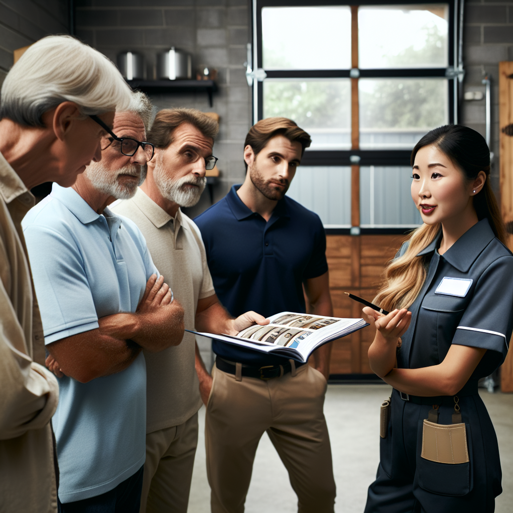 Professional explaining garage door options to clients during a garage door consultation in a modern showroom