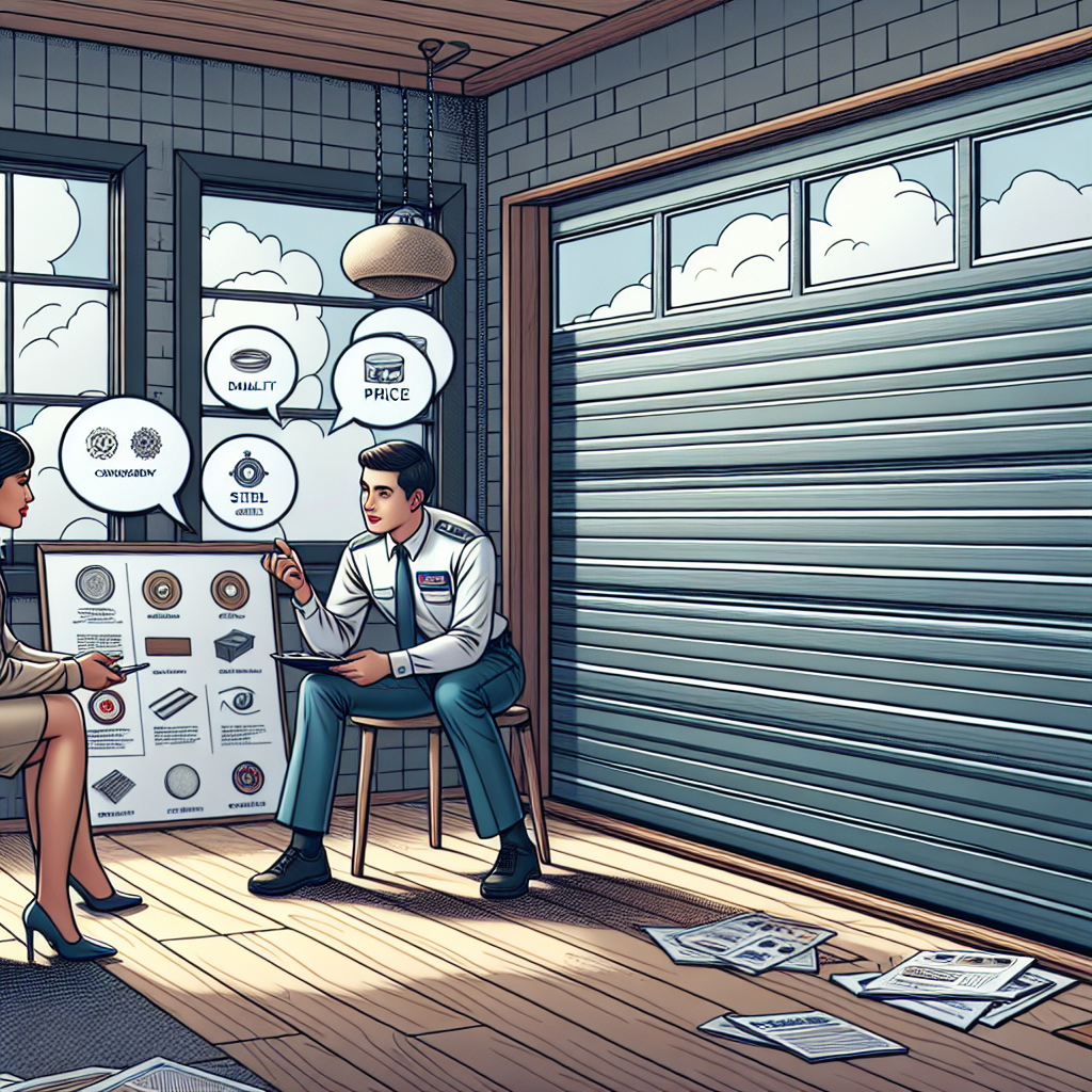 Consultant reviewing options with homeowner during a garage door consultation in a modern office setting