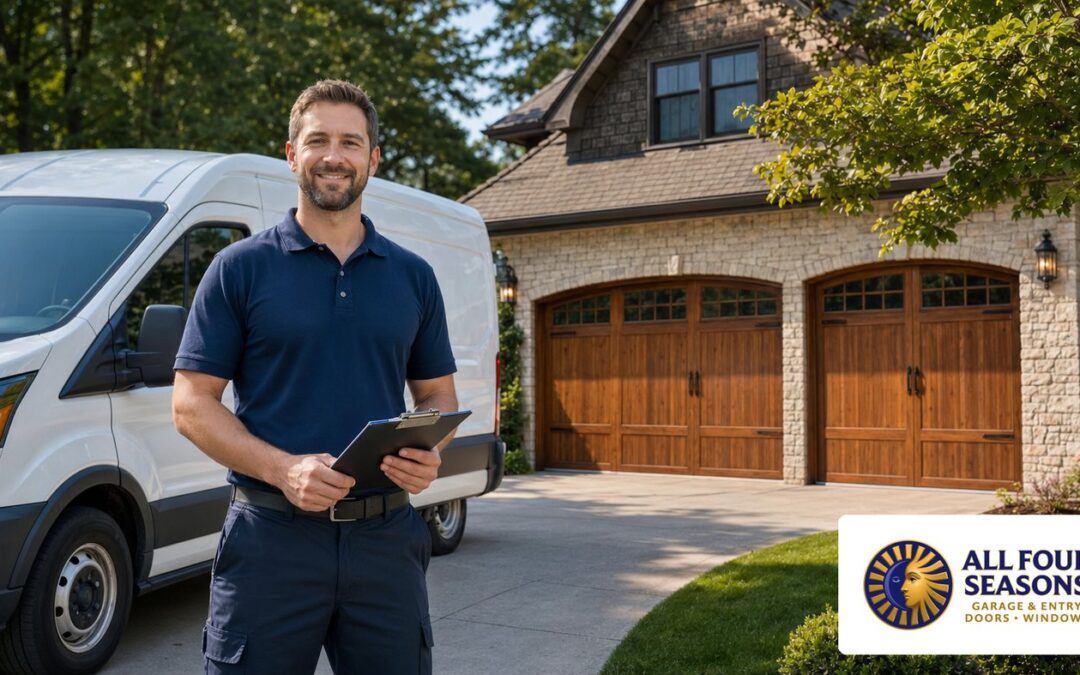 Professional All Four Seasons garage door technician with service van