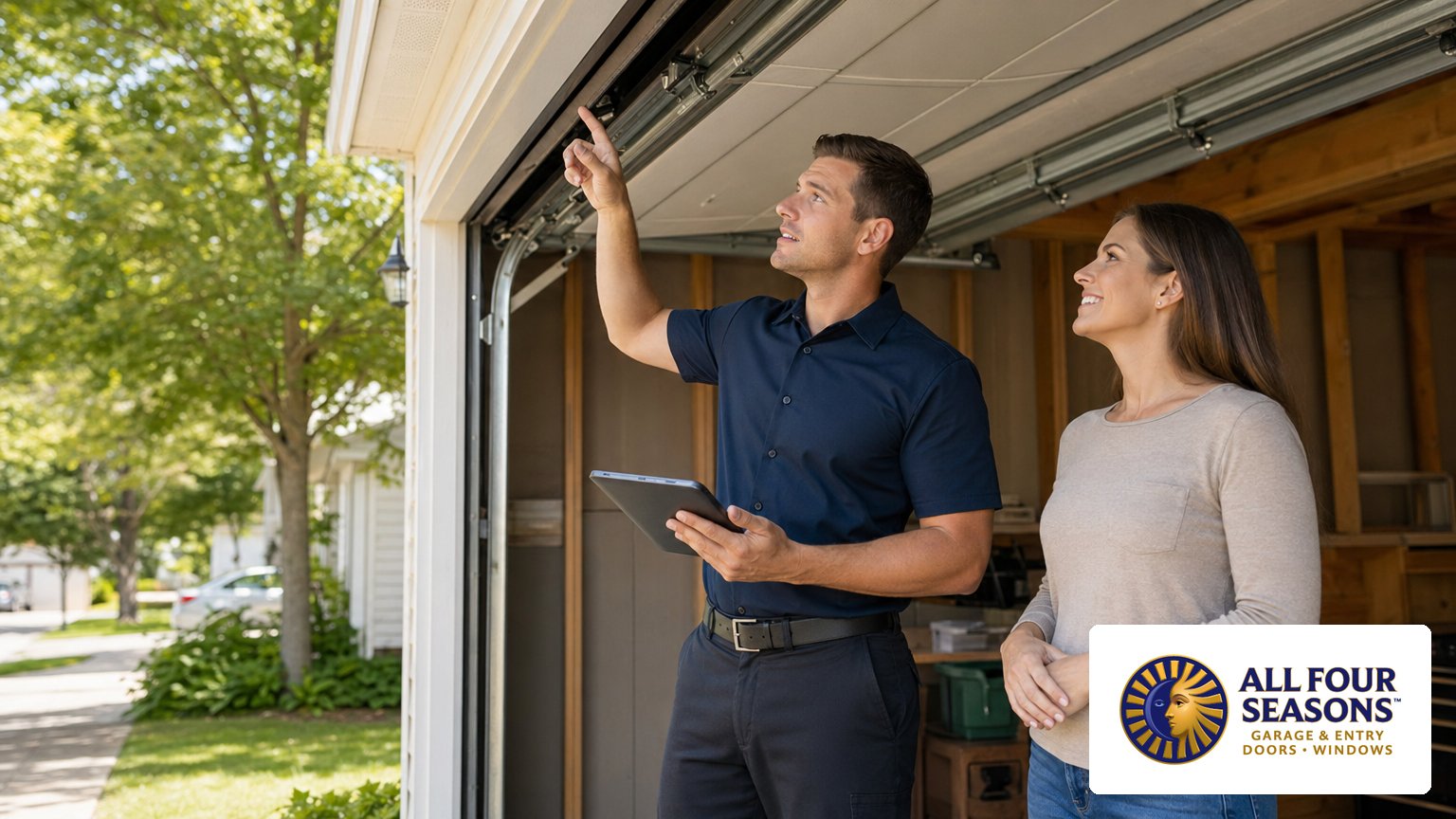 Garage door technician consulting with homeowner about garage door upgrade options