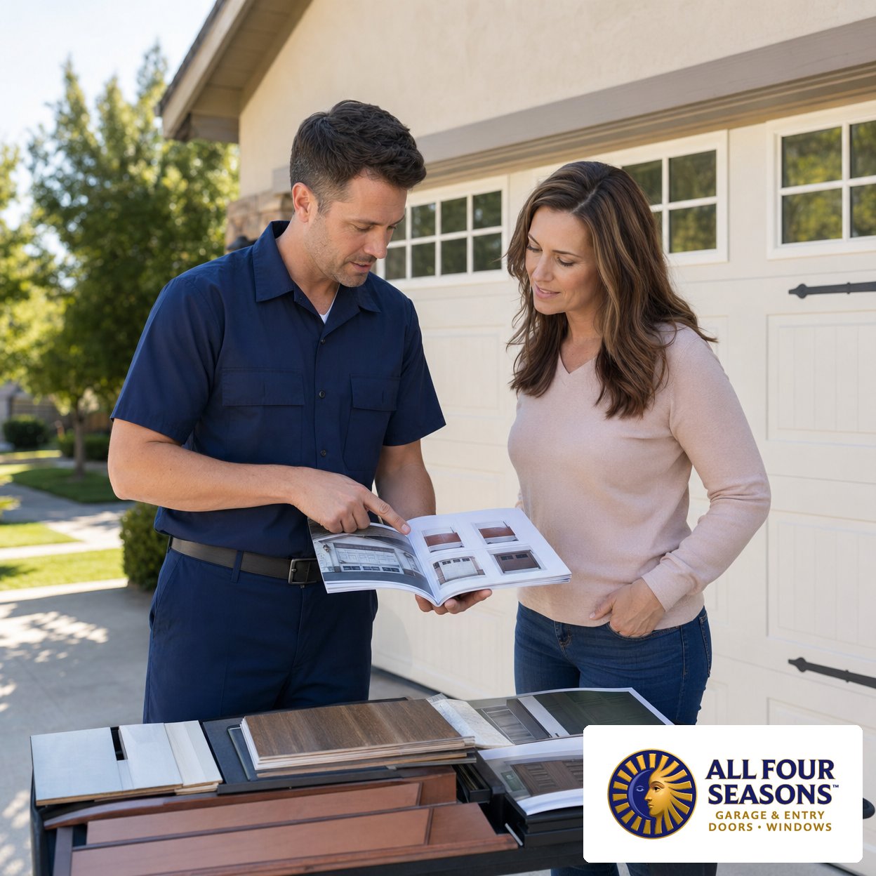 Professional explaining garage door options to clients during a garage door consultation in a modern showroom
