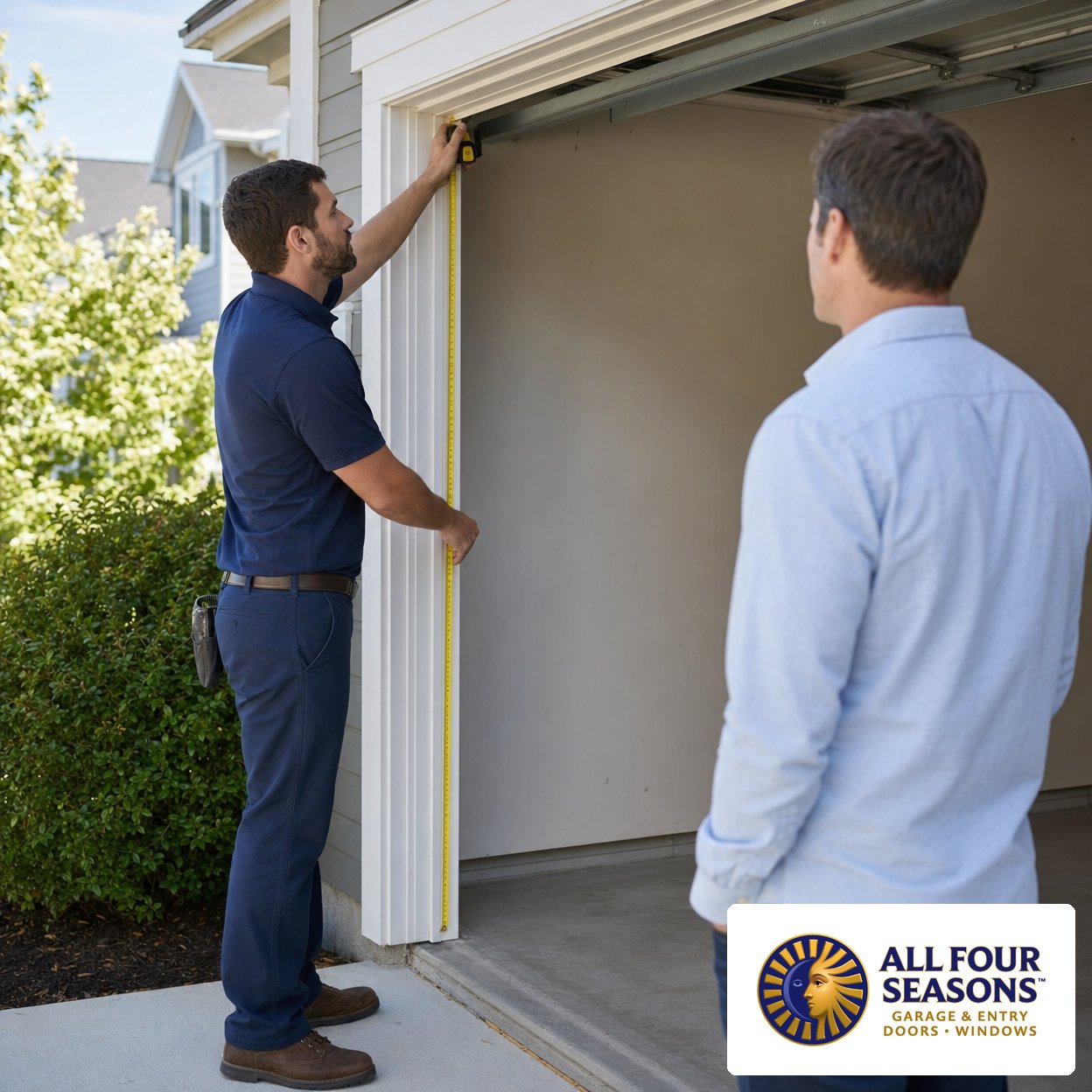 Consultant reviewing options with homeowner during a garage door consultation in a modern office setting