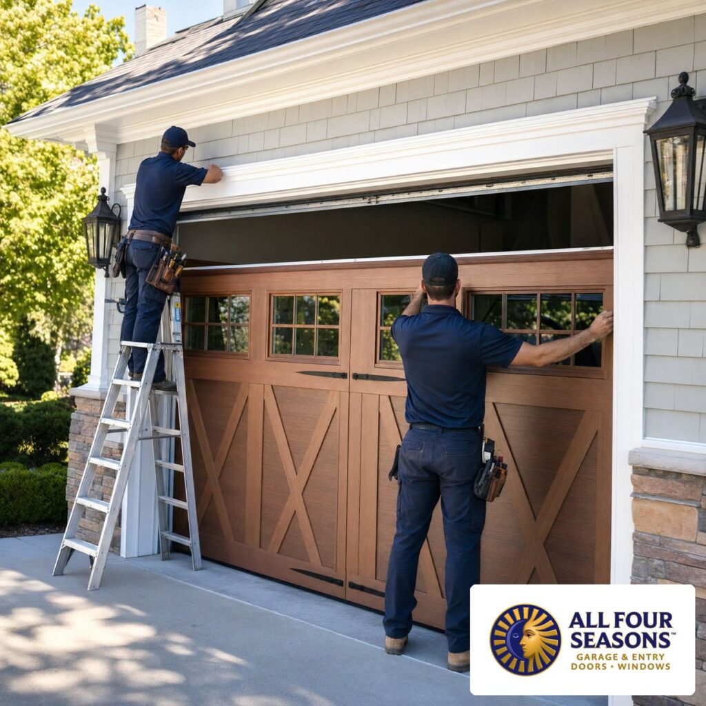 All Four Seasons technicians installing new garage door on suburban home