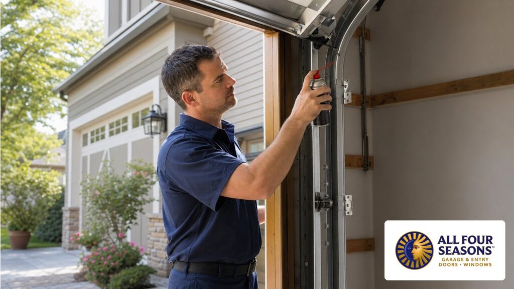 All Four Seasons technician performing garage door maintenance