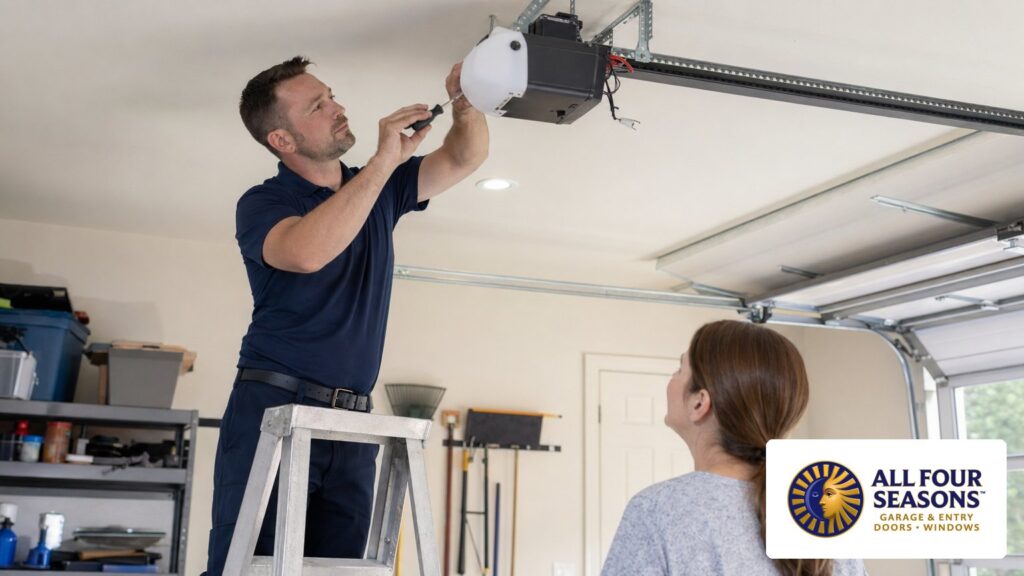 All Four Seasons technician repairing garage door opener motor