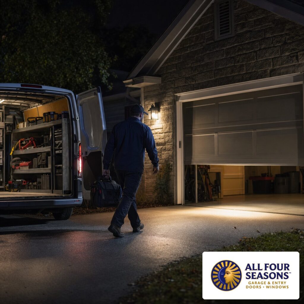 All Four Seasons emergency garage door repair technician at night