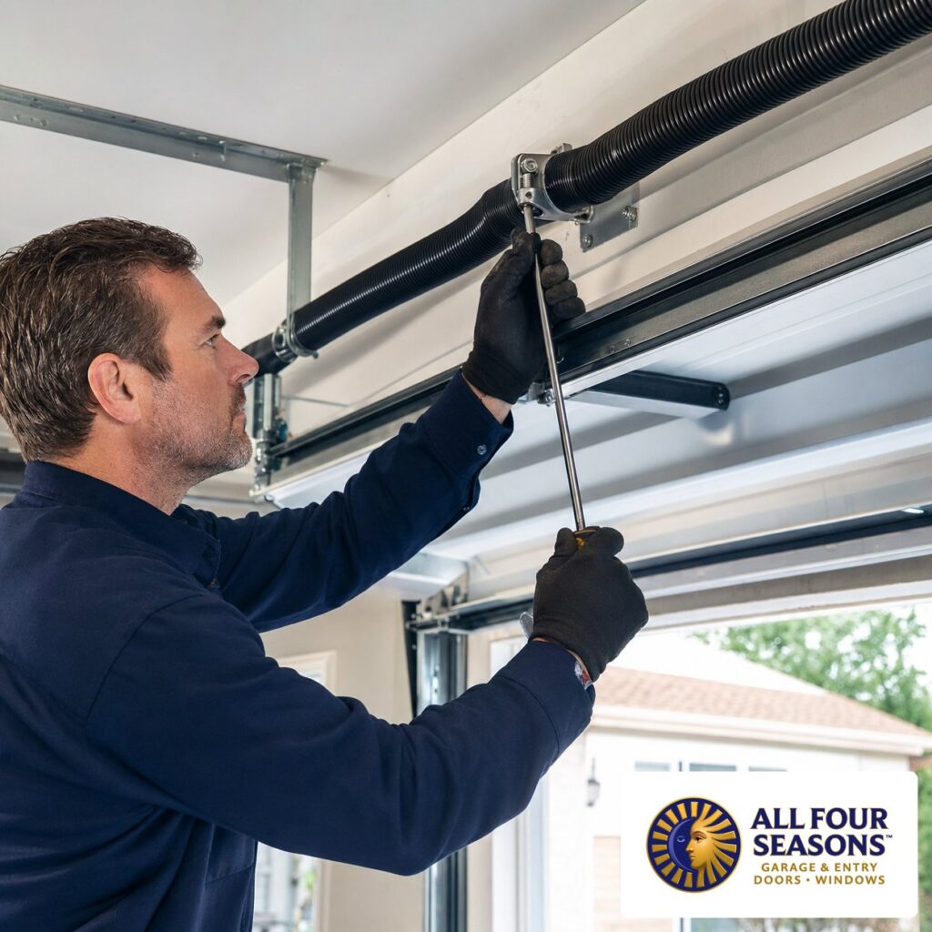 All Four Seasons technician repairing garage door torsion springs