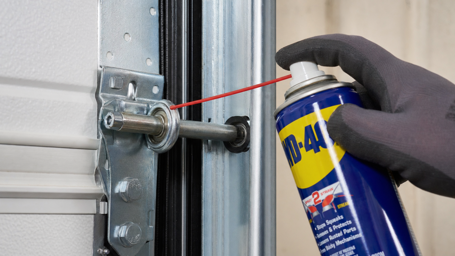 Close-up of a garage door roller and track being lubricated