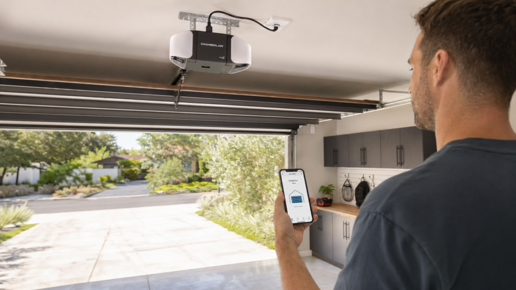 Homeowner using a smartphone app to control a modern smart garage door opener in Atlanta