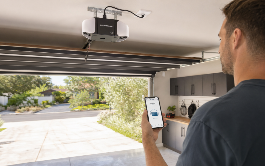 Homeowner using a smartphone app to control a modern smart garage door opener in Atlanta